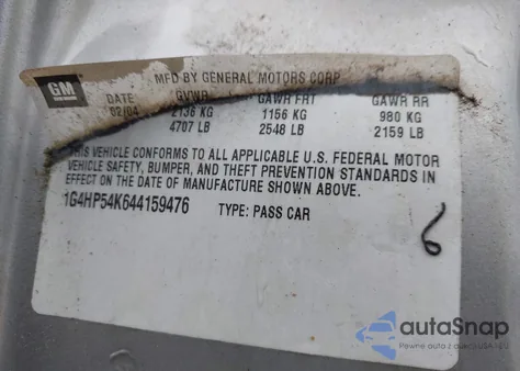 2004 Buick Lesabre Custom from USA, damaged, VIN 1G4HP54K644159476